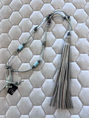 Boho Leather Tassel Necklace with Aqua Beads